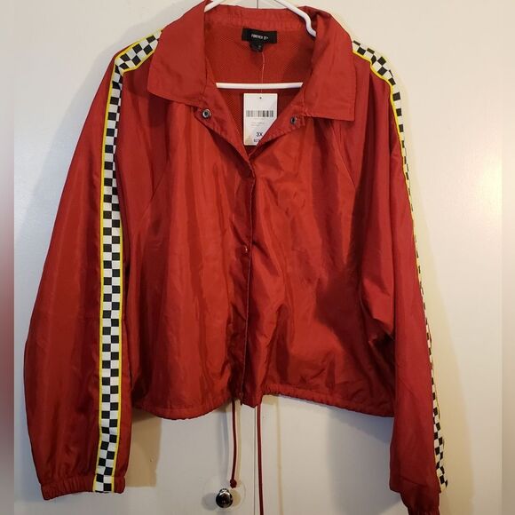 Forever 21 Plus 3X Red Cropped Windbreaker Jacket Racing Stripe Moto Y2K Street - Picture 3 of 8